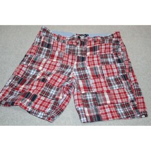 Chaps Patchwork Shorts Mens 36 Red Plaid Madras Cotton Flat Front